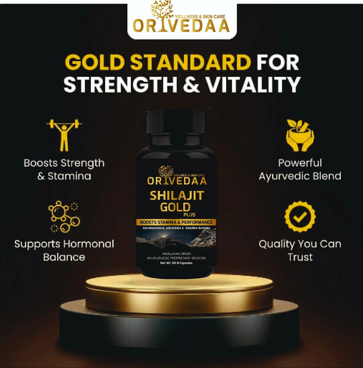 Orivedaa Shilajit Gold Plus Capsules For Men Boost Stamina & Immunity,Swarna Bhasma,Gokshura,Ashwagandha | Shilajeet Capsule | 60 N Capsules