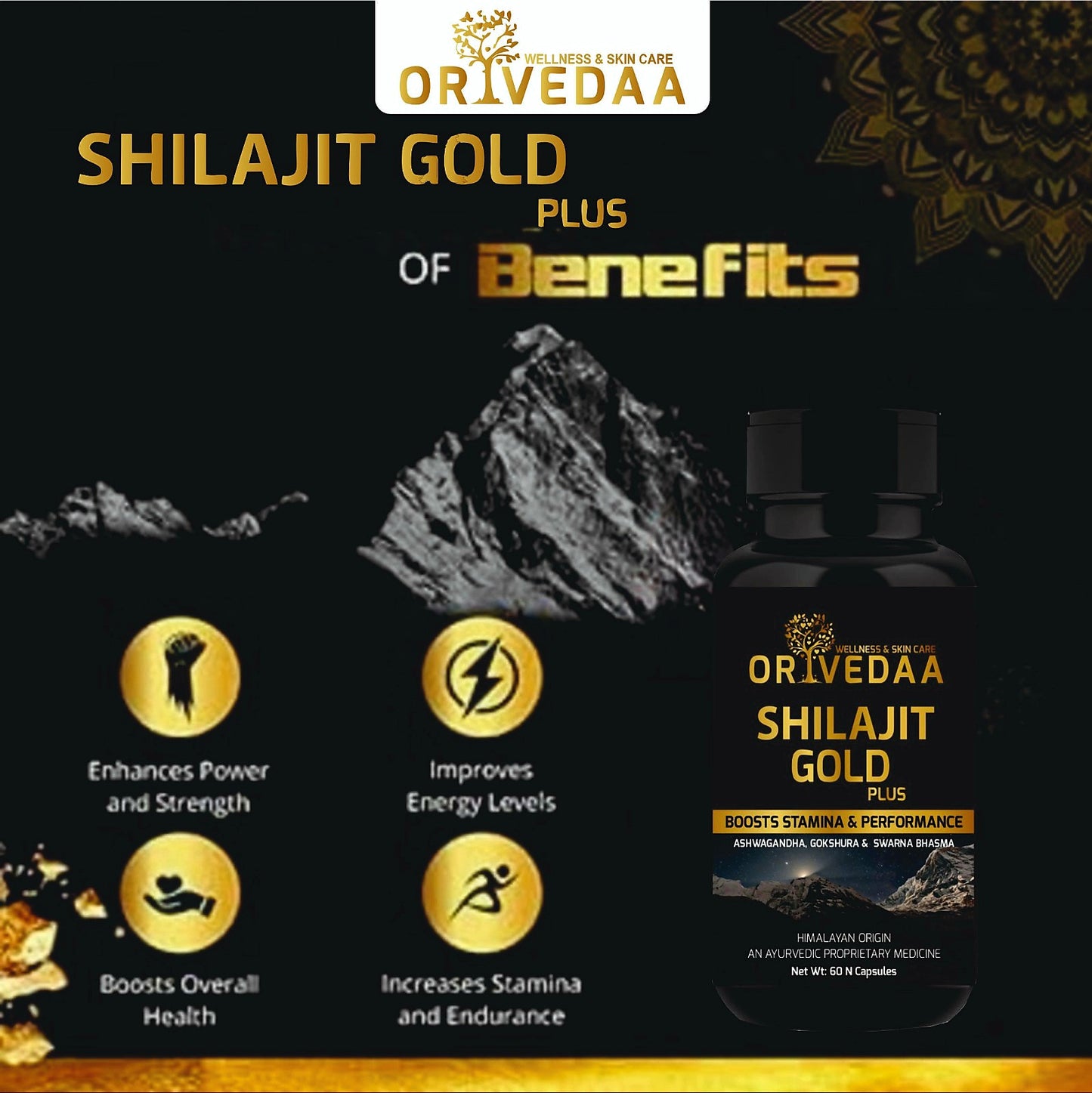 Orivedaa Shilajit Gold Plus Capsules For Men Boost Stamina & Immunity,Swarna Bhasma,Gokshura,Ashwagandha | Shilajeet Capsule | 60 N Capsules