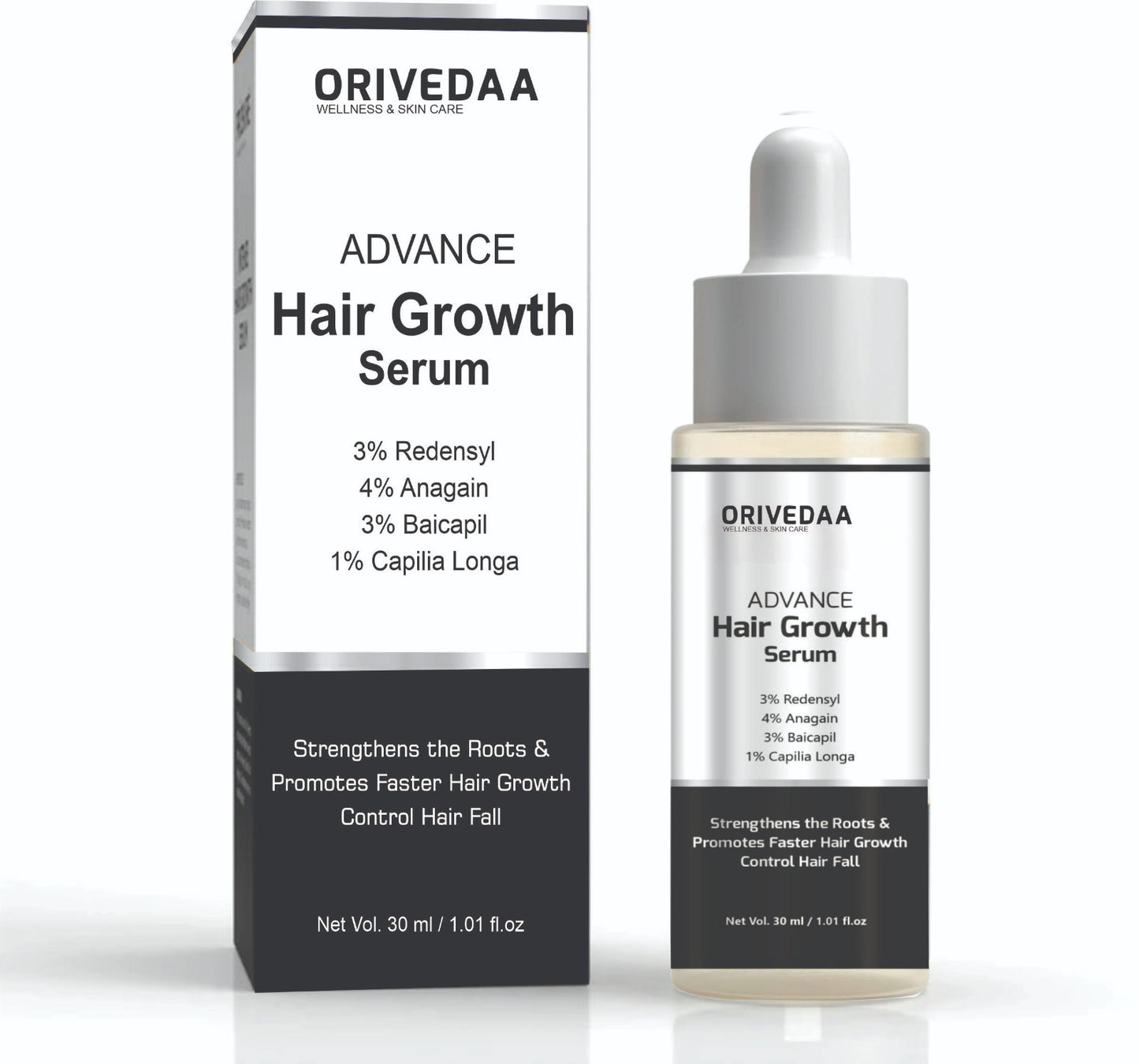 Orivedaa Advance Hair Growth Serum | 3% Redensyl + 4% Anagain + 3% Baicapil + 1% Capilia Longa, Hair growth & Hair fall control serum for Women & Men | 30mL