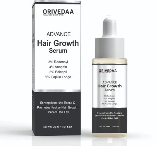 Orivedaa Advance Hair Growth Serum | 3% Redensyl + 4% Anagain + 3% Baicapil + 1% Capilia Longa, Hair growth & Hair fall control serum for Women & Men | 30mL