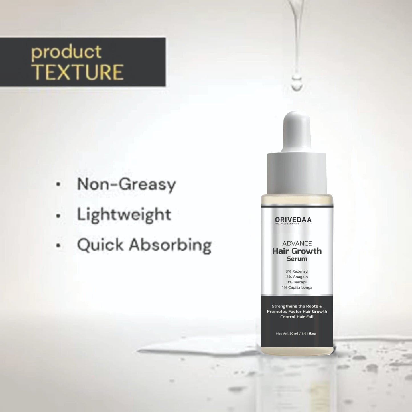 Orivedaa Advance Hair Growth Serum | 3% Redensyl + 4% Anagain + 3% Baicapil + 1% Capilia Longa, Hair growth & Hair fall control serum for Women & Men | 30mL