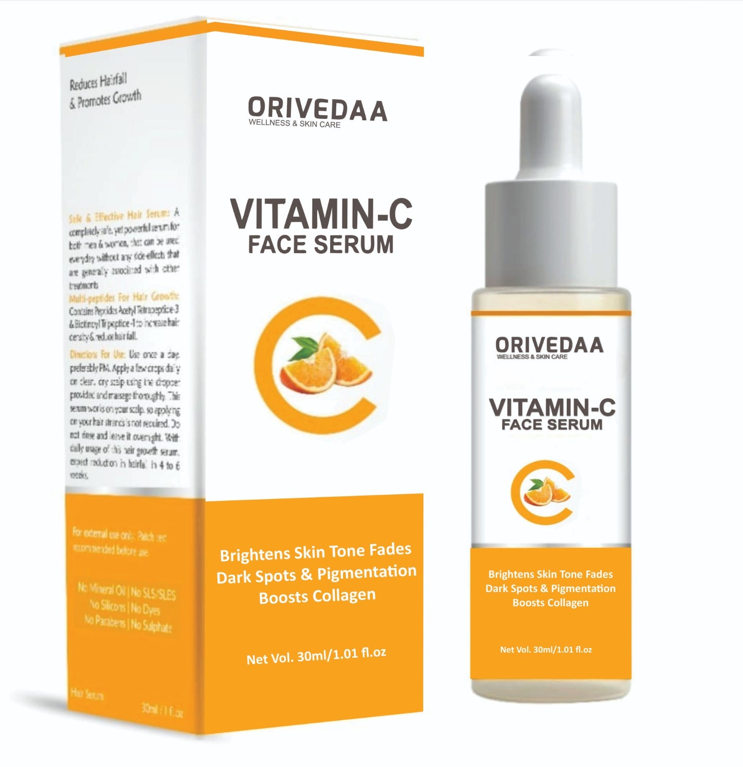 Orivedaa Vitamin-C Face Serum With Ferulic Acid, Mandarin Orange Extract For Dark Spots, Pigmentation & Glowing Face, boosts collagen (30 ml)
