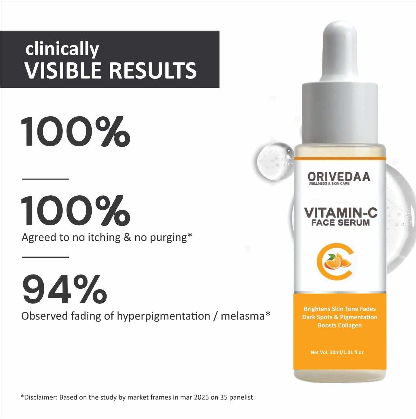 Orivedaa Vitamin-C Face Serum With Ferulic Acid, Mandarin Orange Extract For Dark Spots, Pigmentation & Glowing Face, boosts collagen (30 ml)